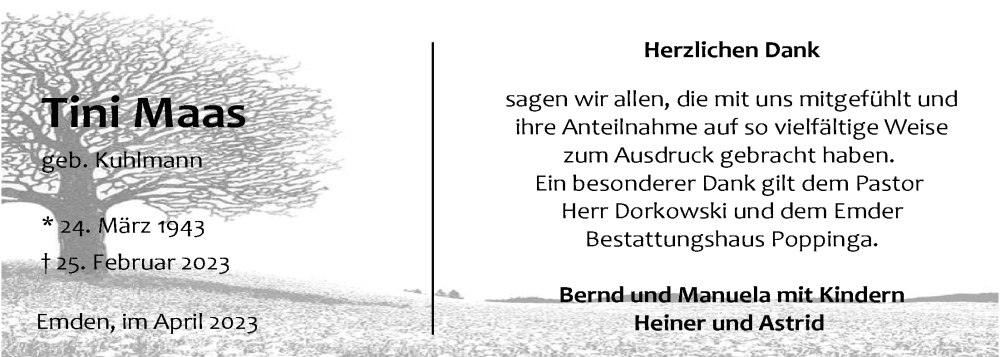  Traueranzeige für Tini Maas vom 29.04.2023 aus Emder Zeitung