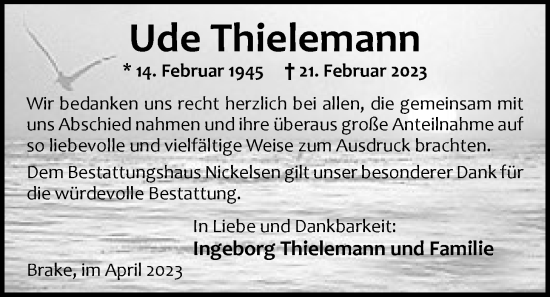 Traueranzeige von Ude Thielemann von Nordwest-Zeitung