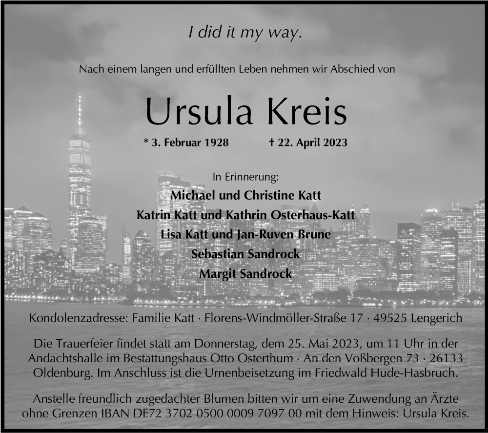 Traueranzeige für Ursula Kreis vom 29.04.2023 aus Nordwest-Zeitung