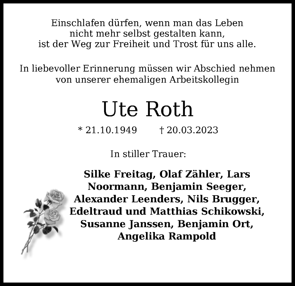  Traueranzeige für Ute Roth vom 01.04.2023 aus WZ/JW/AH