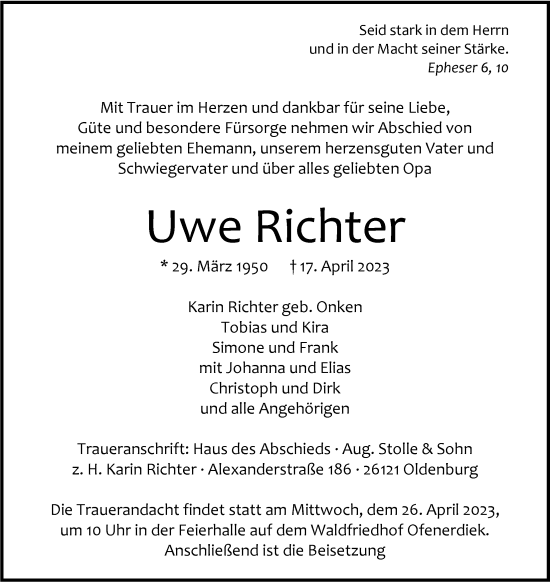 Traueranzeige von Uwe Richter von Nordwest-Zeitung