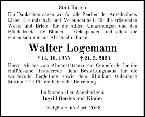 Traueranzeige von Walter Logemann von Nordwest-Zeitung