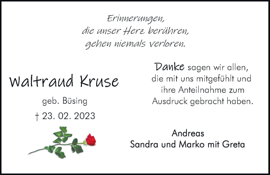 Traueranzeige von Waltraud Kruse von Nordwest-Zeitung