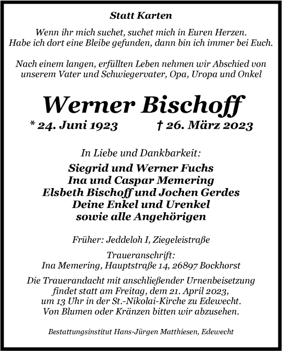 Traueranzeige von Werner Bischoff von Nordwest-Zeitung