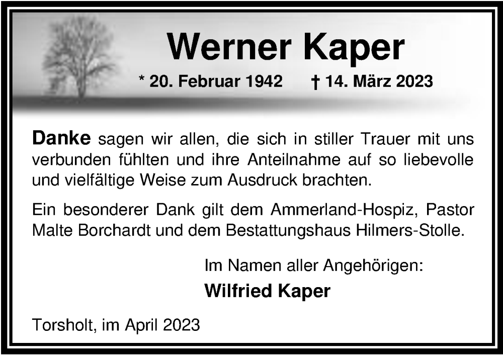  Traueranzeige für Werner Kaper vom 29.04.2023 aus Nordwest-Zeitung