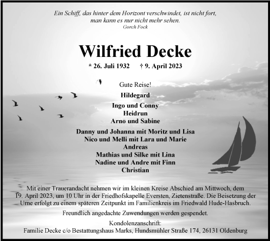Traueranzeige von Wilfried Decke von Nordwest-Zeitung