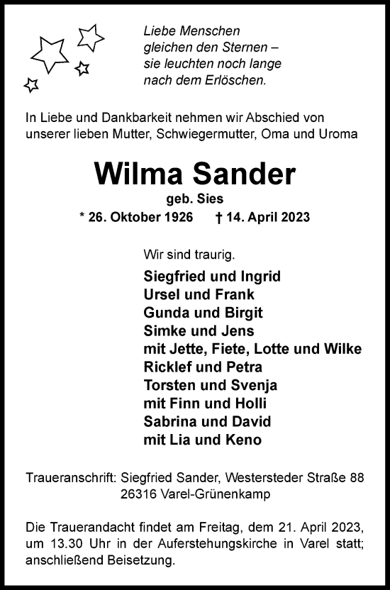 Traueranzeige von Wilma Sander von Nordwest-Zeitung