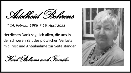Traueranzeige von Adelheid Behrens von Nordwest-Zeitung