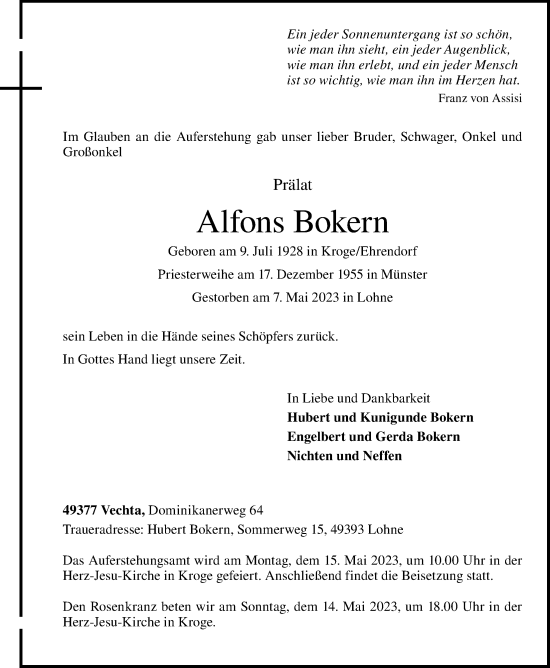 Traueranzeigen Von Alfons Bokern | Nordwest-trauer.de