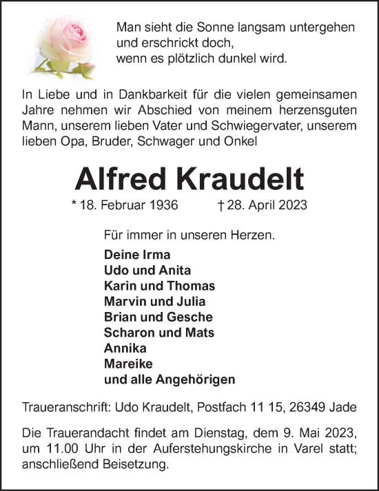 Traueranzeige von Alfred Kraudelt von Nordwest-Zeitung
