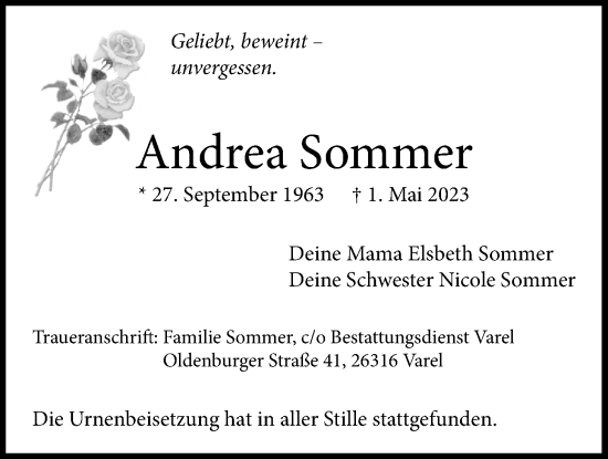 Traueranzeige von Andrea Sommer von Nordwest-Zeitung