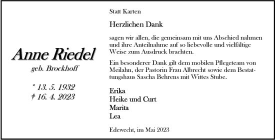 Traueranzeige von Anna Riedel von Nordwest-Zeitung