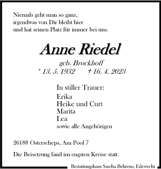 Traueranzeige von Anne Riedel von Nordwest-Zeitung