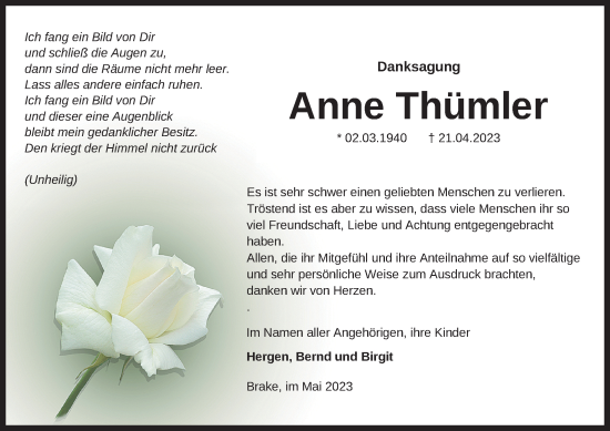 Traueranzeige von Anne Thümler von Nordwest-Zeitung