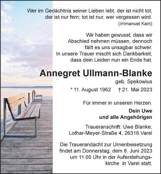 Traueranzeige von Annegret Ullmann-Blanke von Nordwest-Zeitung