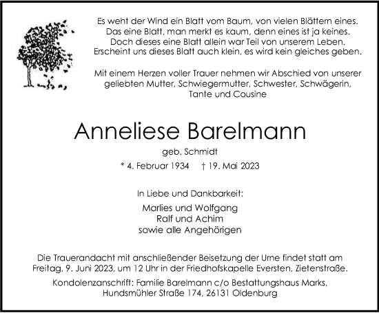 Traueranzeige von Anneliese Barelmann von Nordwest-Zeitung