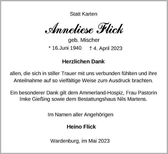 Traueranzeige von Anneliese Flick von Nordwest-Zeitung