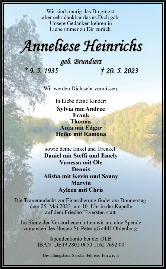 Traueranzeige von Anneliese Heinrichs von Nordwest-Zeitung