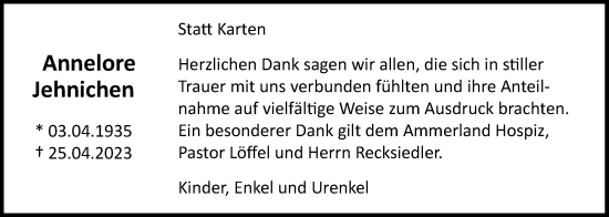 Traueranzeige von Annelore Jehnichen von Nordwest-Zeitung