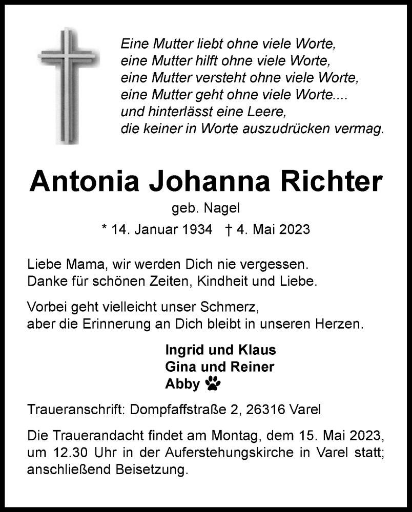  Traueranzeige für Antonia Johanna Richter vom 06.05.2023 aus Nordwest-Zeitung