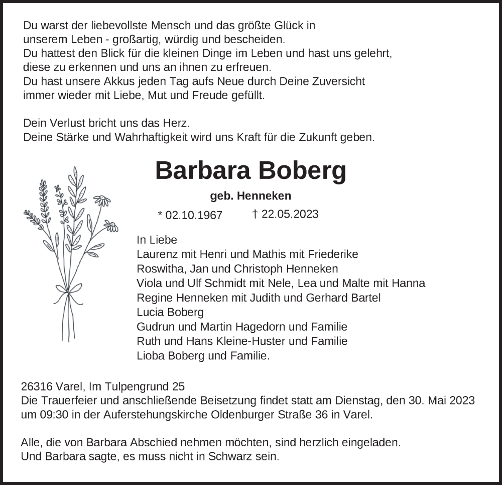  Traueranzeige für Barbara Boberg vom 25.05.2023 aus Nordwest-Zeitung
