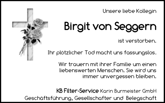 Traueranzeige von Birgit von Seggern von Nordwest-Zeitung