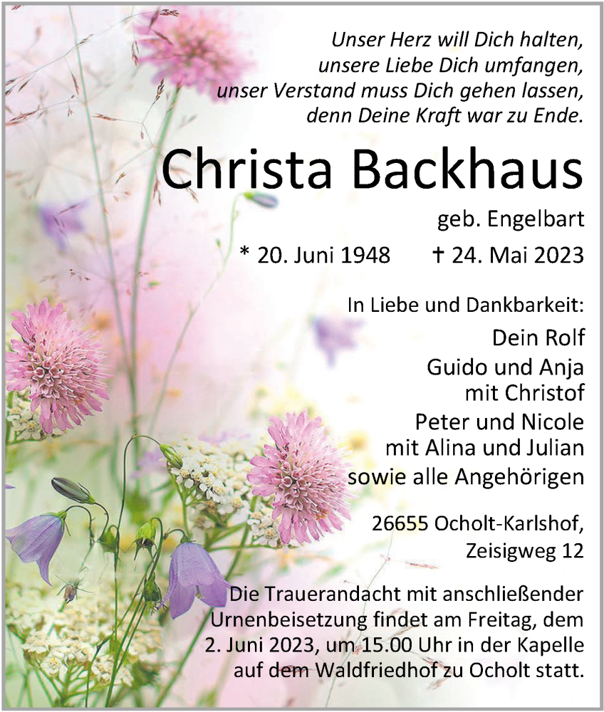  Traueranzeige für Christa Backhaus vom 27.05.2023 aus Nordwest-Zeitung