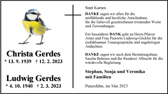 Traueranzeige von Christa Gerdes von Nordwest-Zeitung