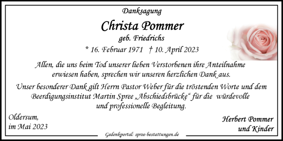 Traueranzeige von Christa Pommer von Emder Zeitung