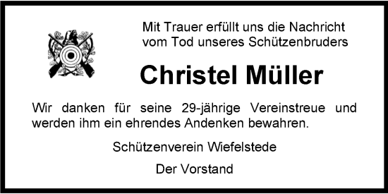 Traueranzeige von Christel Müller von Nordwest-Zeitung