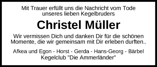 Traueranzeige von Christel Müller von Nordwest-Zeitung