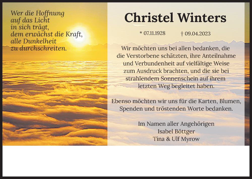  Traueranzeige für Christel Winters vom 27.05.2023 aus Nordwest-Zeitung