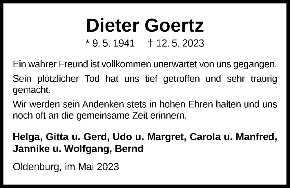  Traueranzeige für Dieter Goertz vom 20.05.2023 aus Nordwest-Zeitung