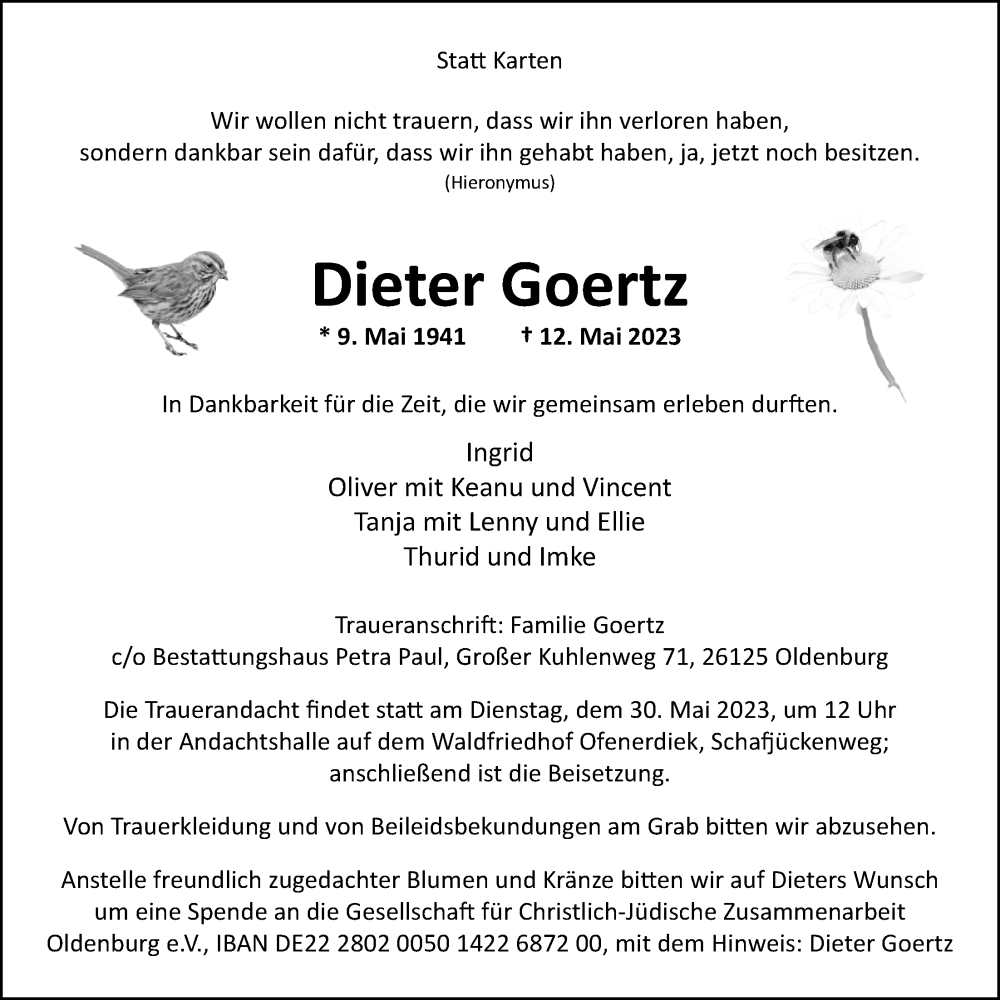  Traueranzeige für Dieter Goertz vom 20.05.2023 aus Nordwest-Zeitung