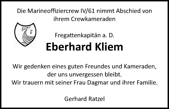 Traueranzeige von Eberhard Kliem von Nordwest-Zeitung
