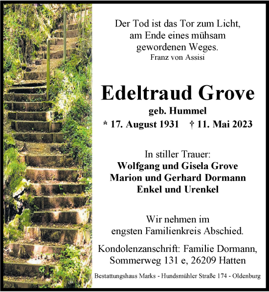 Traueranzeige von Edeltraud Grove von Nordwest-Zeitung