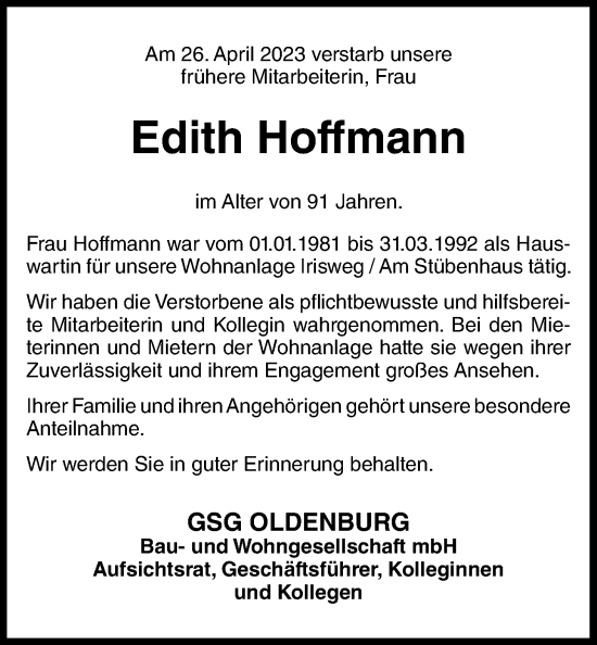 Traueranzeige von Edith Hoffmann von Nordwest-Zeitung