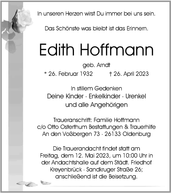 Traueranzeige von Edith Hoffmann von Nordwest-Zeitung