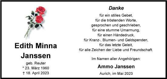 Traueranzeige von Edith Minna Janssen von WZ/JW/AH