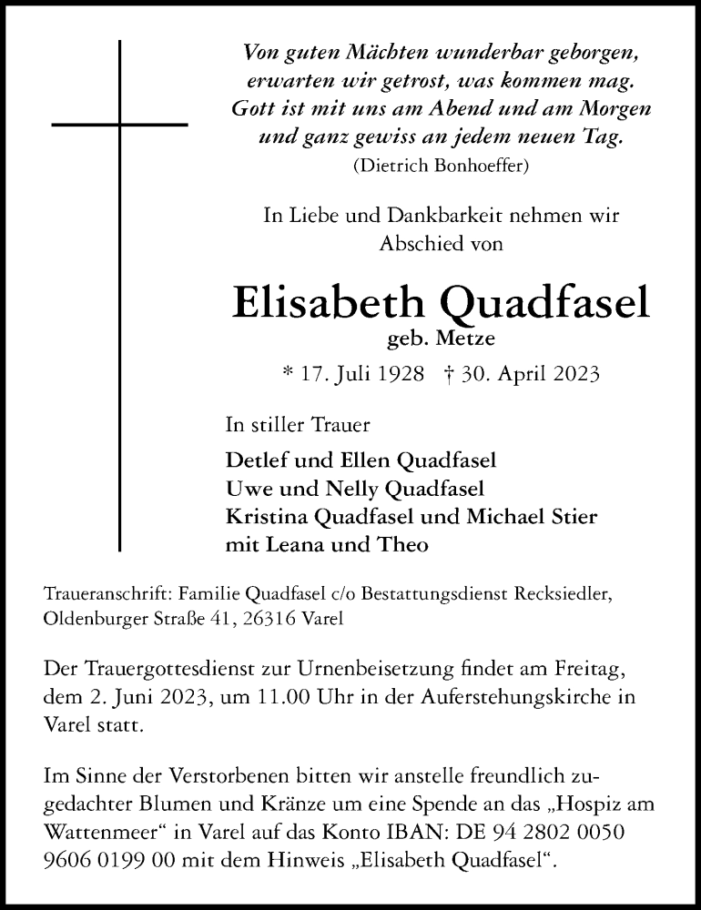  Traueranzeige für Elisabeth Quadfasel vom 20.05.2023 aus Nordwest-Zeitung