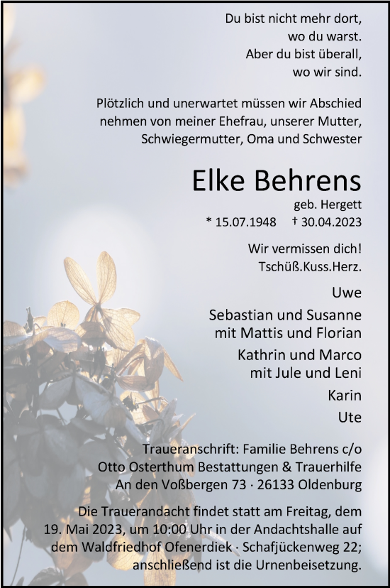 Traueranzeige von Elke Behrens von Nordwest-Zeitung