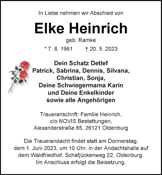 Traueranzeige von Elke Heinrich von Nordwest-Zeitung
