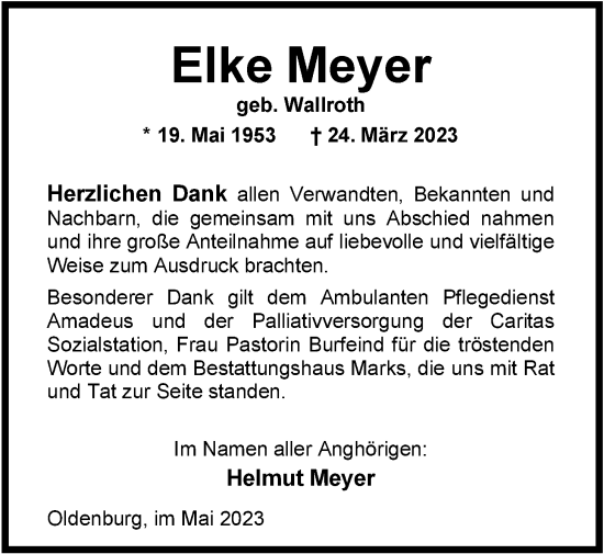 Traueranzeige von Elke Meyer von Nordwest-Zeitung