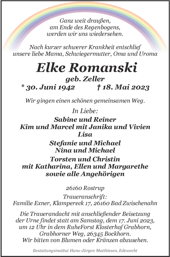 Traueranzeige von Elke Romanski von Nordwest-Zeitung