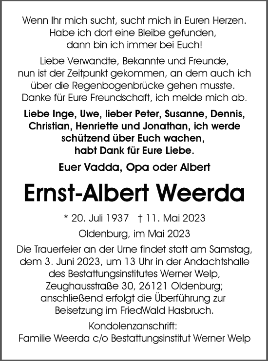 Traueranzeige von Ernst-Albert Weerda von WZ/JW/AH