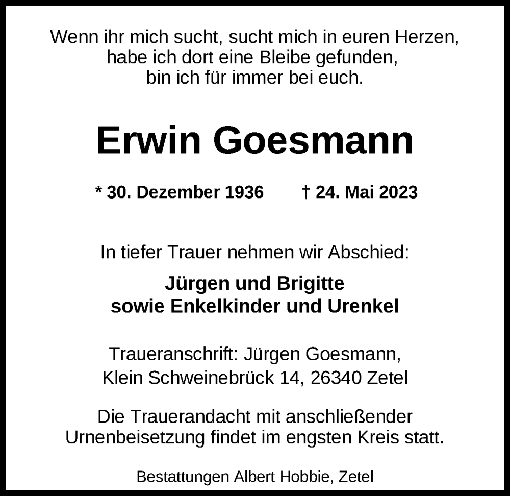  Traueranzeige für Erwin Goesmann vom 27.05.2023 aus Nordwest-Zeitung