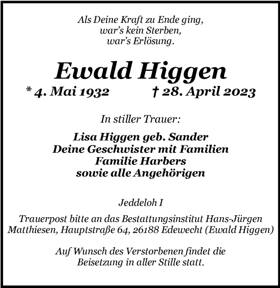 Traueranzeige von Ewald Higgen von Nordwest-Zeitung