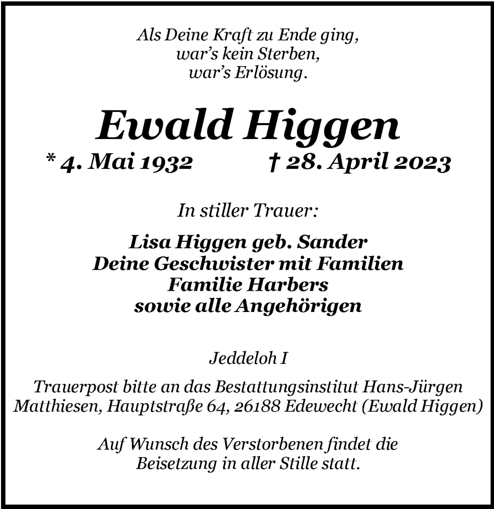  Traueranzeige für Ewald Higgen vom 06.05.2023 aus Nordwest-Zeitung