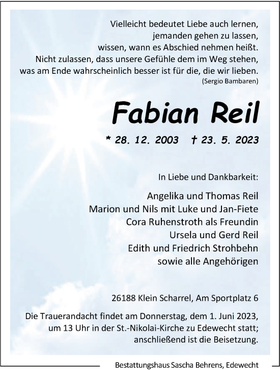 Traueranzeige von Fabian Reil von Nordwest-Zeitung