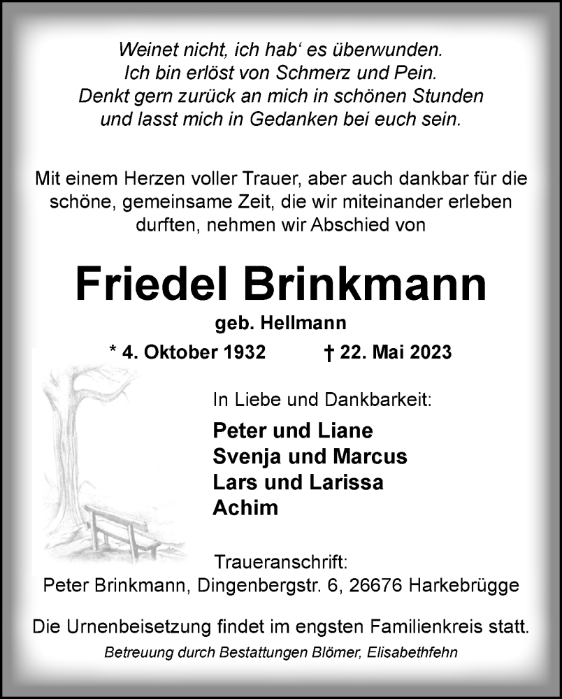  Traueranzeige für Friedel Brinkmann vom 24.05.2023 aus Nordwest-Zeitung